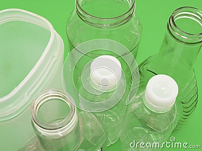 Close-up of empty plastic and glass containers