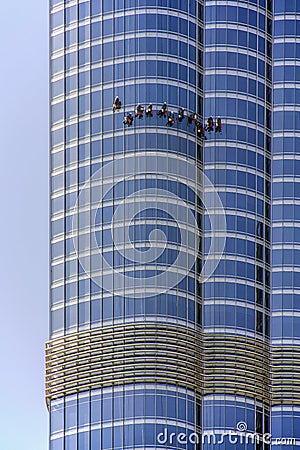 Close up of facade of Burj Khalifa tower with window washers taken on March 21, 2013 in Dubai, United Arab