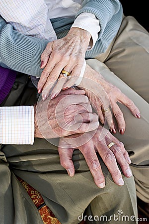 Close-up hands of senior couple resting on knees
