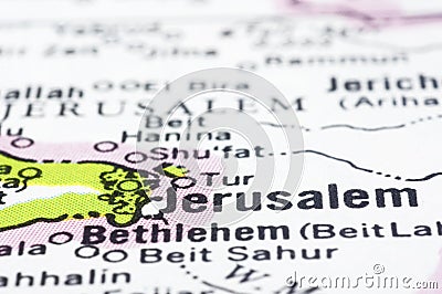 Close up of Jerusalem on map, Israel