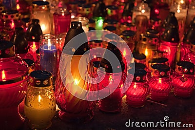 Close-up of memorial candles on the All Saints Day