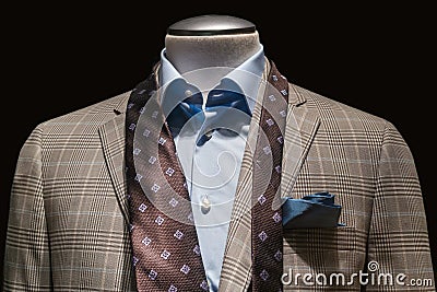 Tan Checkered Jacket, Blue Shirt, Untied Brown Tie & Teal Handke