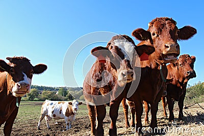 Close up view of brown cows on the field