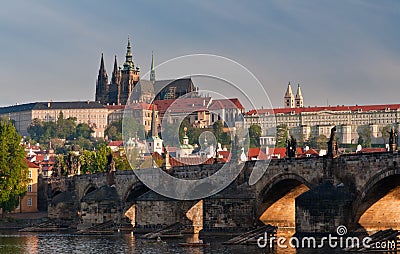 Closer view to Charles Bridge and Prague Castle