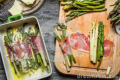 Closeup of asparagus rolled in ham and baked with cheese