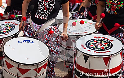Closeup of Batala drummers
