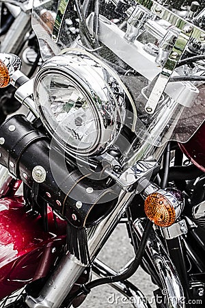 Closeup of a big chromium motorcycle engine, shiny chrome plated