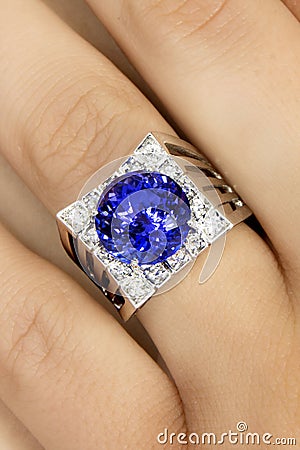 Closeup of Designer Ring with Tanzanite and Diamonds