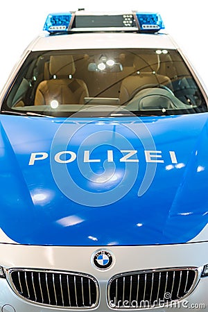 Closeup front view of new modern German police car