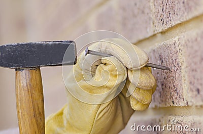 Closeup hammer nail hand renovation
