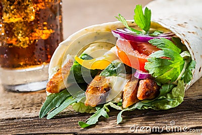 Closeup of kebab with fresh vegetables and chicken