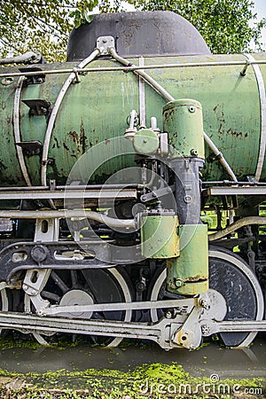 Closeup of steam train wheels