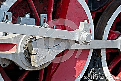 Closeup view of steam locomotive wheels, drives, rods, links and