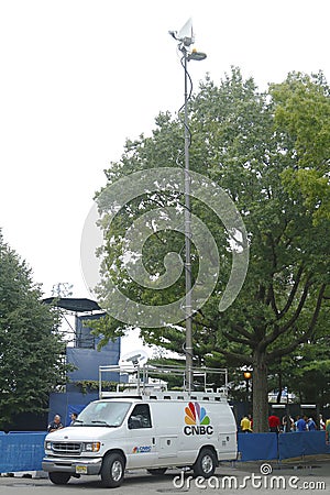 CNBC truck in the front of USTA Billie Jean King National Tennis Center in New York