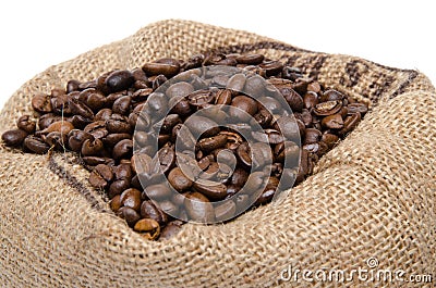 Coffee beans in a burlap bag