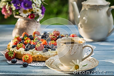 Coffee and fruit tarts served in the garden