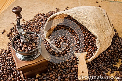 Coffee grinder beans and bag