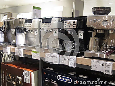 Coffee machines for sale in a store.