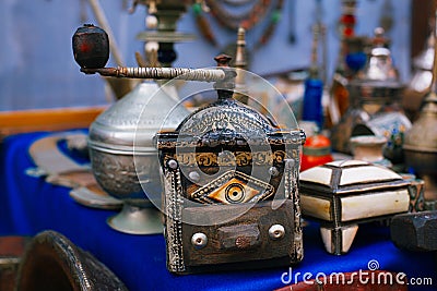 Coffee mill moroccan souk crafts souvenirs in medina, Essaouira, Morocco