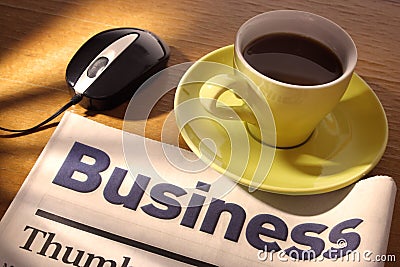 Coffee, Newspaper and Mouse on Desk