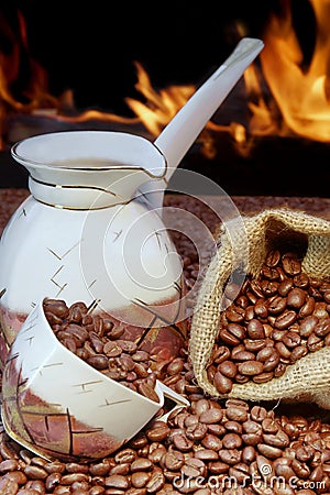 Coffee set and scattered beans, open fireplace in background XX