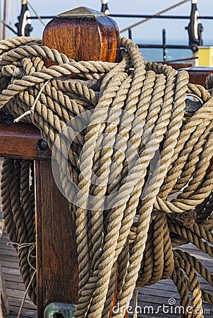 Coiled ropes on a sail ship