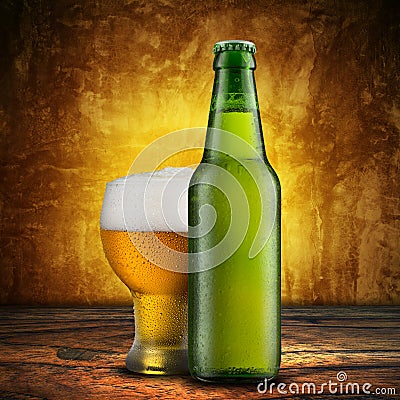 Cold beer on wood table