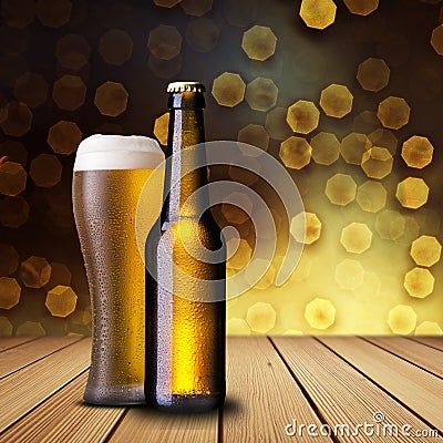 Cold beer on wood table