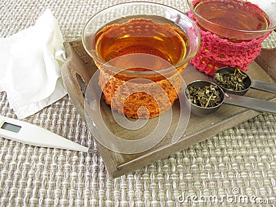 Cold tea in glass with cup cozy