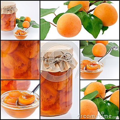 Collage with apricot jam in a jar covered paper with a spoon and