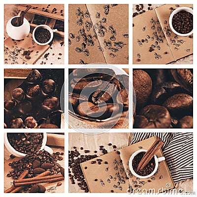 Collage of coffee with drawing of coffee beans