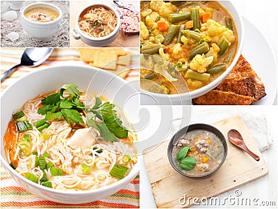 Collage with different meat and vegetables soups