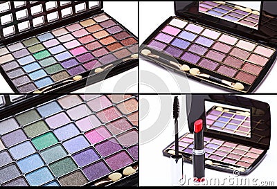 Collage, Multicolored eye shadows palette, red Lipstick and blac