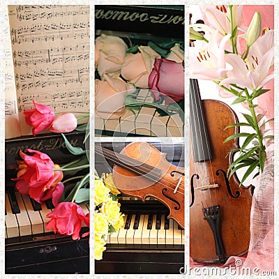 Collage with old violin, piano, notes and flower