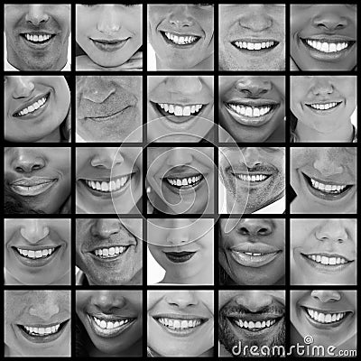 Collage of people smiling in black and white