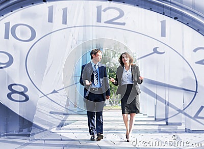 A collage of the time concept and a couple of business persons