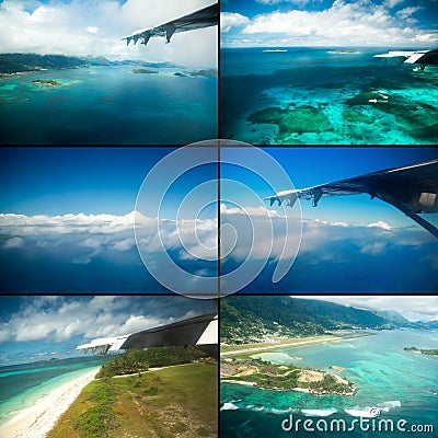 Collage of views with the aircraft. Seychelles.