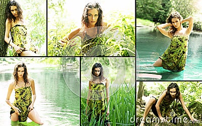 A collage of women posing in a dress in the jungle