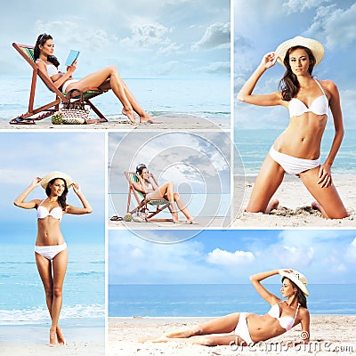 A collage of young women relaxing on the beach