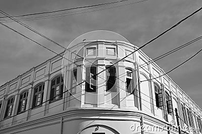 Colonial style Facade with utility lines, B&W