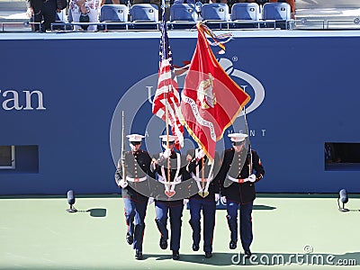 The Color Guard of the U.S. Marine Corps during the opening ceremony of the US Open 2013 women final match