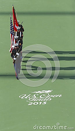 The Color Guard of the U.S. Marine Corps during the opening ceremony of the US Open 2013 women final match