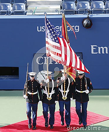 The Color Guard of the U.S. Marine Corps during the opening ceremony of the US Open 2013 women final match