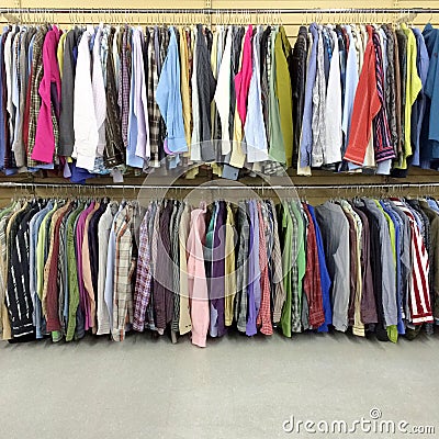 Colorful clothes in a second hand store