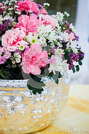 Colorful flower bouquet arrangement in round shape of carnation