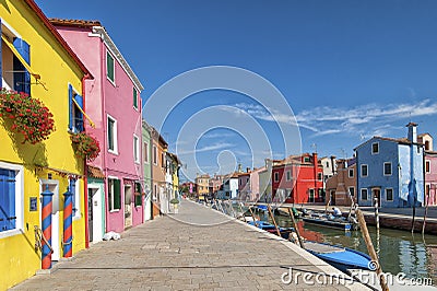 Colorful houses and canal on Burano island, near Venice, Italy.