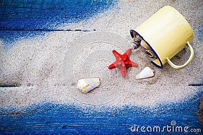 Colorful shells cup sand strewn blue boards