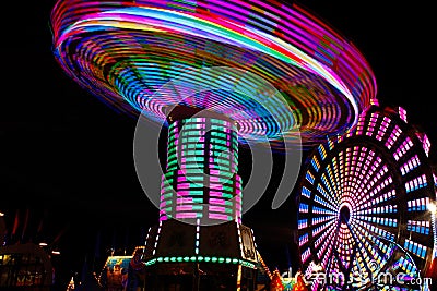 Colorful Spinning Swings, Ferris Wheel at Night