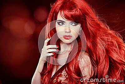 Coloring Red Hair. Fashion Girl Portrait With Long Curly Hair ov