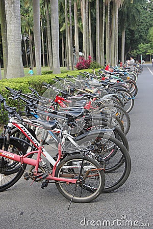 In a column of bikes outside of university library